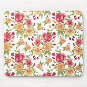 Mousepad Padrão de Rosas e Botões de Rosa Vermelhas e Amare