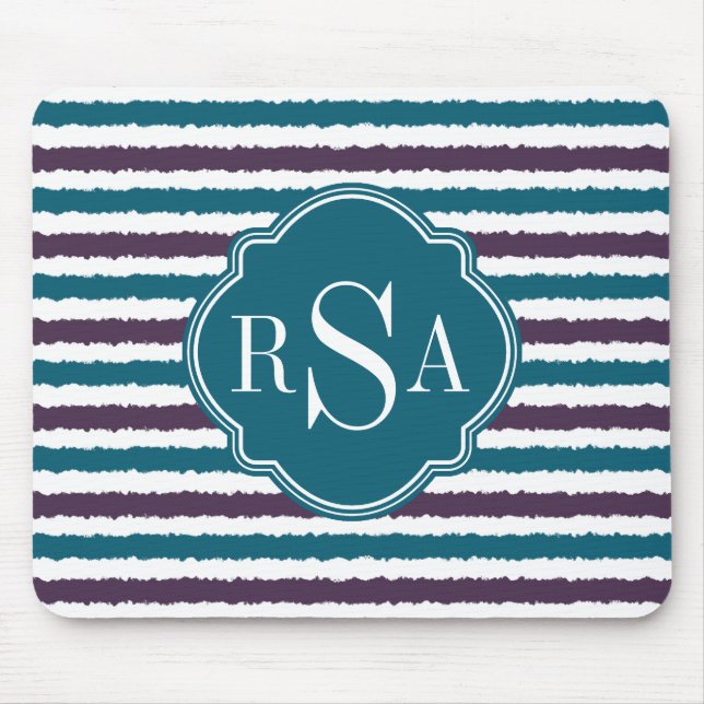 Mousepad Padrão De Stripe De Ikat De Teal Roxo Monograma (Frente)
