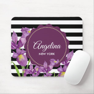 Mousepad Padrão de Stripes Brancas Roxo-Roxo Iris Preto