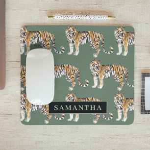 Mousepad Padrão De Tigres De Aquarela Verde Tropical Com No