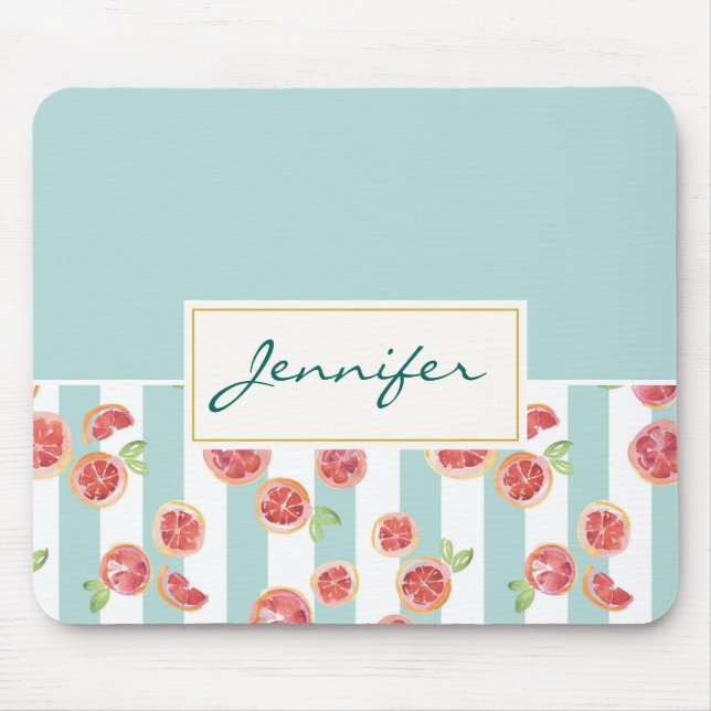 Mousepad Padrão de toranja rosa em faixas verdes (Frente)