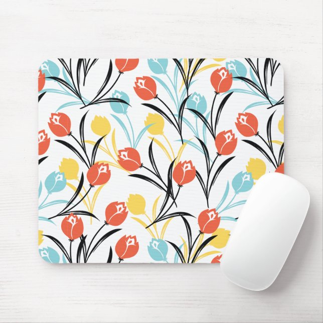 Mousepad Padrão de Tulipas Vibrante Design Floral em Branco (Com mouse)