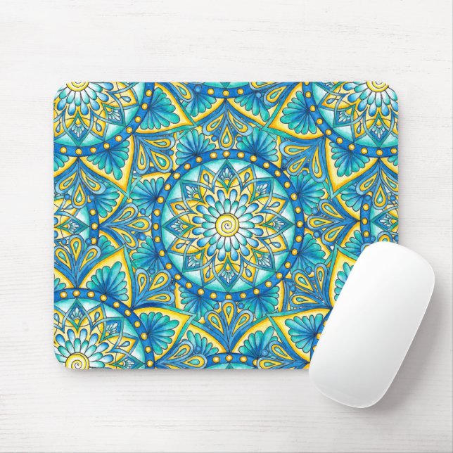 Mousepad Padrão de Turquesa Amarela de Mandala Azul (Com mouse)