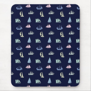 Mousepad Padrão de veleiro de Pastel no azul da meia-noite