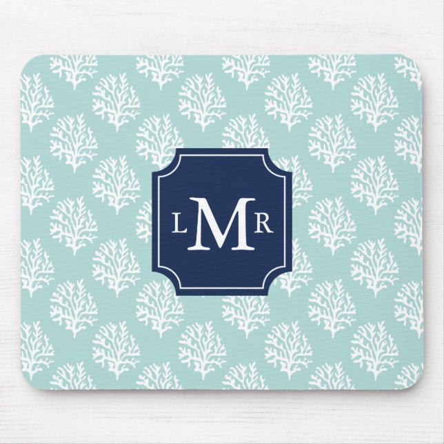 Mousepad Padrão de Verão da Casa da Moeda e Monograma Azul (Frente)
