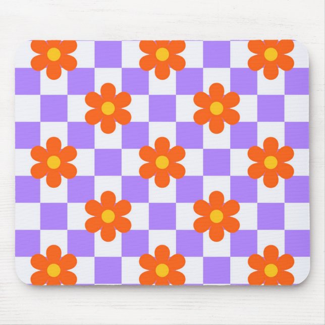Mousepad Padrão De Verificação Roxo Com Flor De Hippie Lara (Frente)