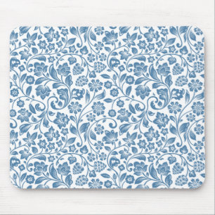 Mousepad Padrão de Videiras Florais Azul e Branco Ornamenta