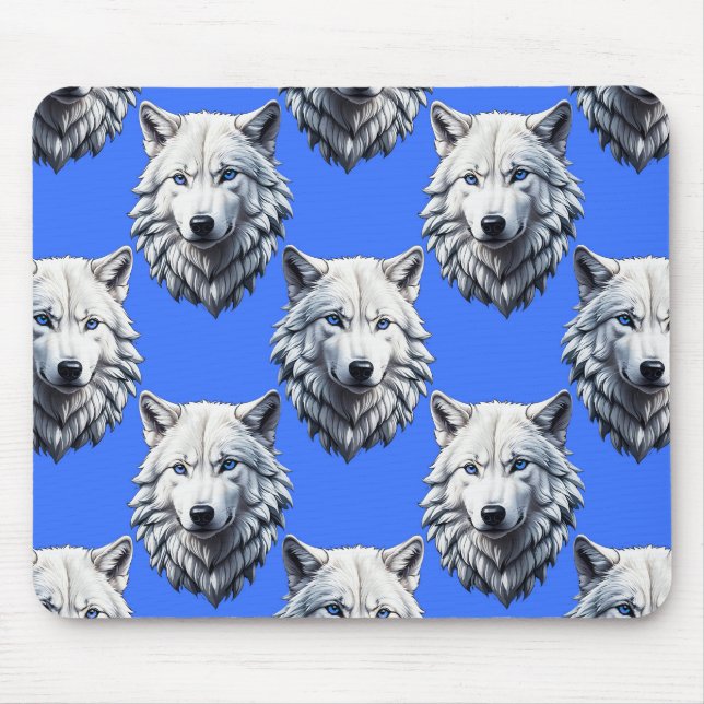 Mousepad Padrão Design Azul da Cabeça do Lobo Branco (Frente)