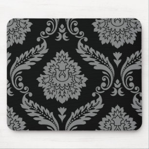 Mousepad Padrão Deslocado Rococó Damask Cinza sobre Preto