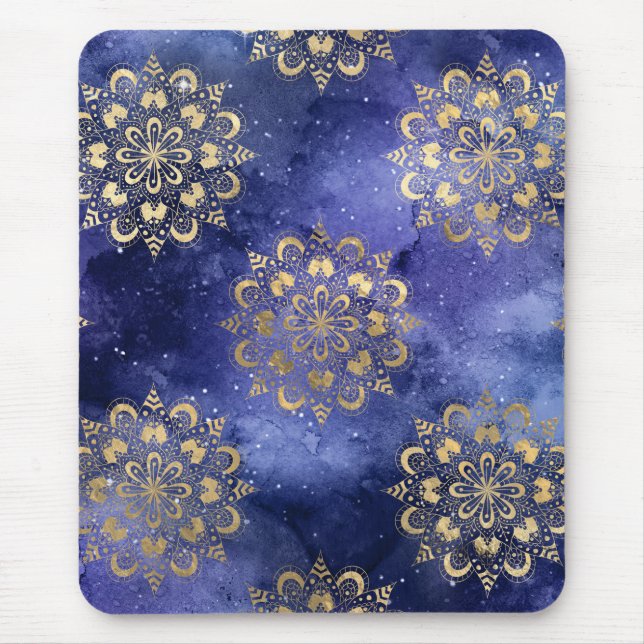 Mousepad Padrão Dharma Mandala da Galáxia Dourada e Azul (Frente)