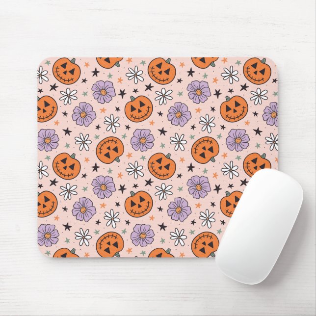 Mousepad Padrão Diversão de Abóboras e Flores do Halloween (Com mouse)