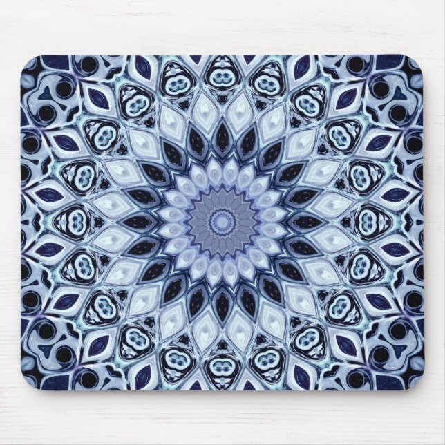 Mousepad Padrão do Caleidoscópio Branco e Azul Mandala (Frente)