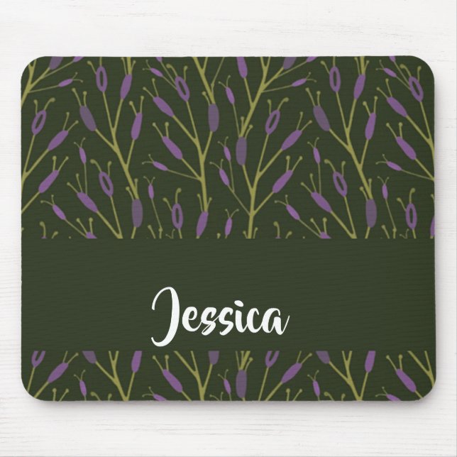 Mousepad Padrão dos ramos florais roxos e verdes (Frente)