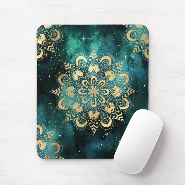 Mousepad Padrão Dourado e verde de Dharma Mandala (Com mouse)