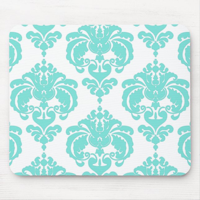 Mousepad Padrão Elegante Moderno do Damasco Branco e Teal (Frente)