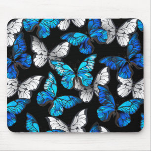 Mousepad Padrão Escuro Sem Costura com Borboletas Azuis Mo