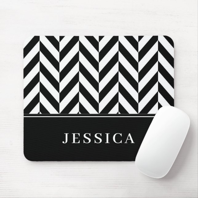 Mousepad Padrão Espinha de Peixe Preto e Branco Nome Person (Com mouse)