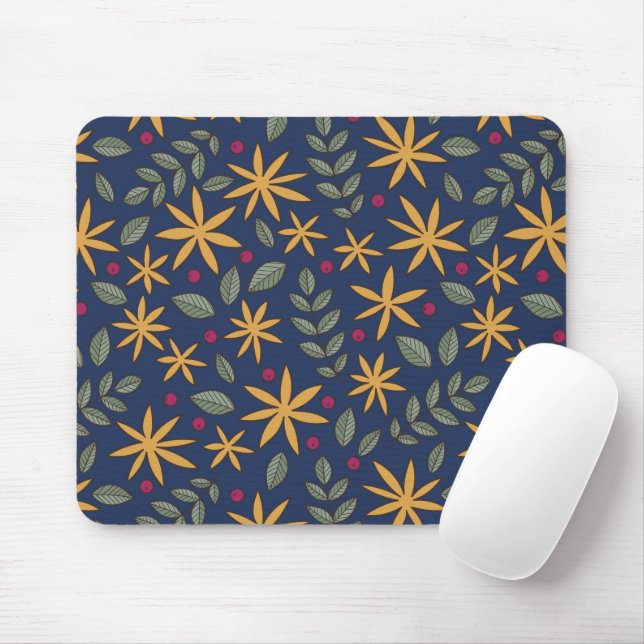 Mousepad Padrão Floral Amarelo Elegante em Azul (Com mouse)