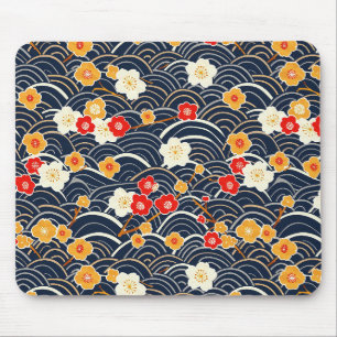 Mousepad Padrão Floral Ameixa em Flor Onda Japonesa Marinho