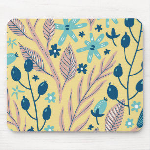 Mousepad Padrão Floral Azul Botânico Moderno em Bege