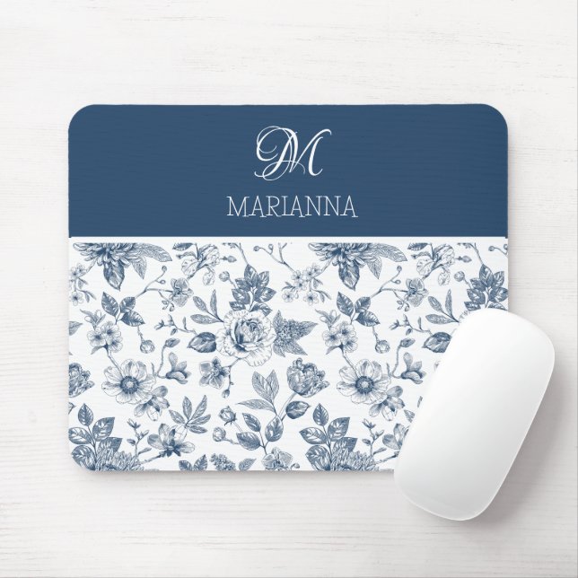 Mousepad Padrão Floral Azul e Nome Personalizado (Com mouse)