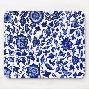 Mousepad Padrão floral azul-marinho chinês em branco