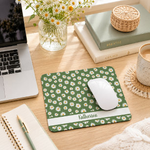 Mousepad Padrão Floral Boho Daisy Verde Nome