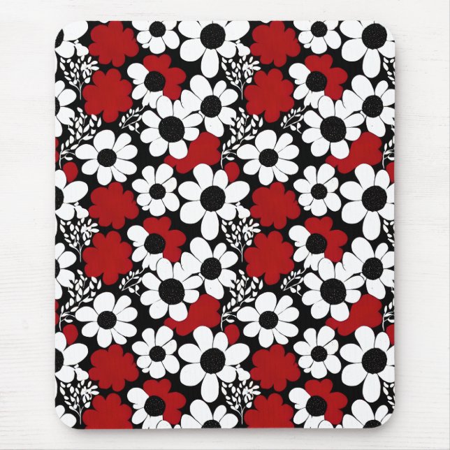 Mousepad Padrão Floral bonito em Vermelho, Preto e Branco (Frente)
