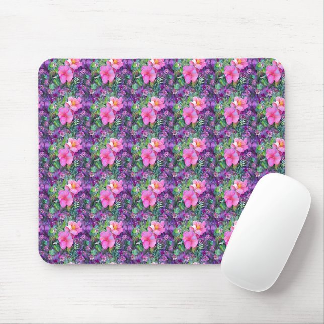 Mousepad Padrão floral botânico roxo e rosa (Com mouse)