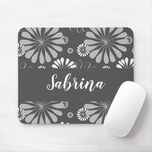 Mousepad Padrão floral branco e cinza (Com mouse)