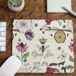 Mousepad Padrão Floral da Coroa Real das Abelhas Amarelas