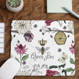 Mousepad Padrão Floral da Coroa Real das Abelhas Brancas