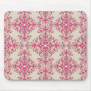 Mousepad Padrão Floral Damask Rosa Chic e Branco Esmaecido