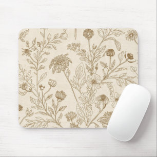 Mousepad Padrão Floral de Arte de Linha Botânica Sépia Anti