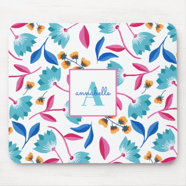 Mousepad Padrão Floral de Arte Folclórica Monogramada (Frente)