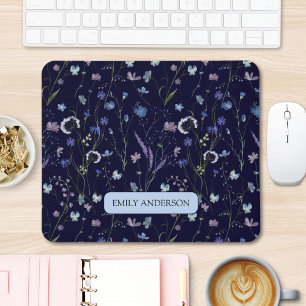 Mousepad Padrão Floral de Flor Silvestre Azul Roxo Monogram