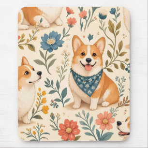 Mousepad Padrão Floral de Jardim com Corgi Fofo