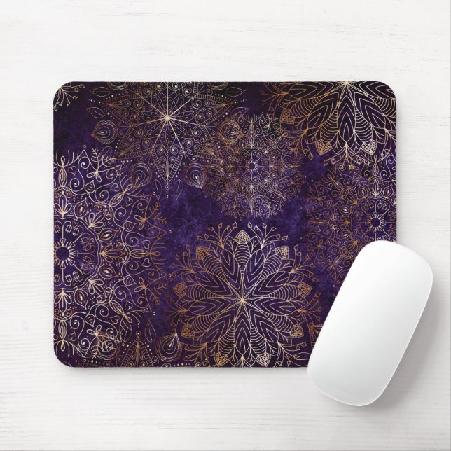 Mousepad Padrão Floral de Mandala Elegante Dourado e Roxo (Com mouse)