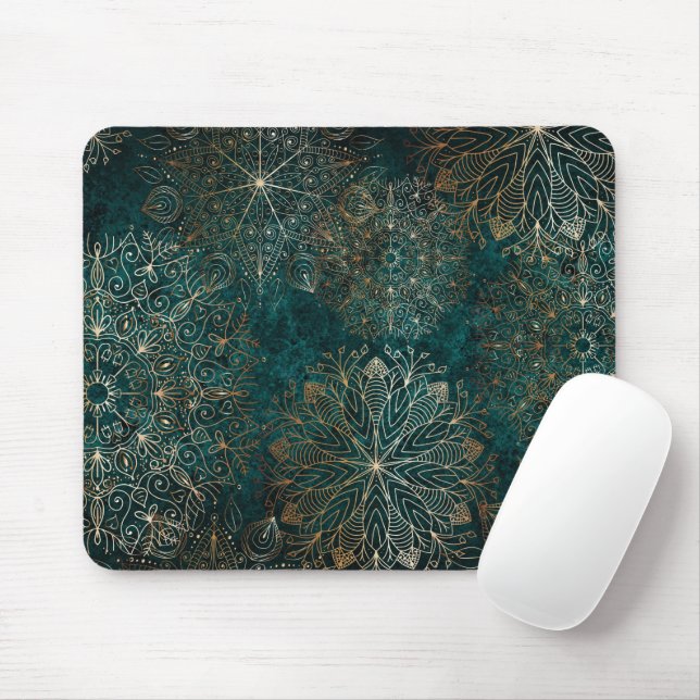 Mousepad Padrão Floral de Mandala Verde Elegante Dourado e  (Com mouse)