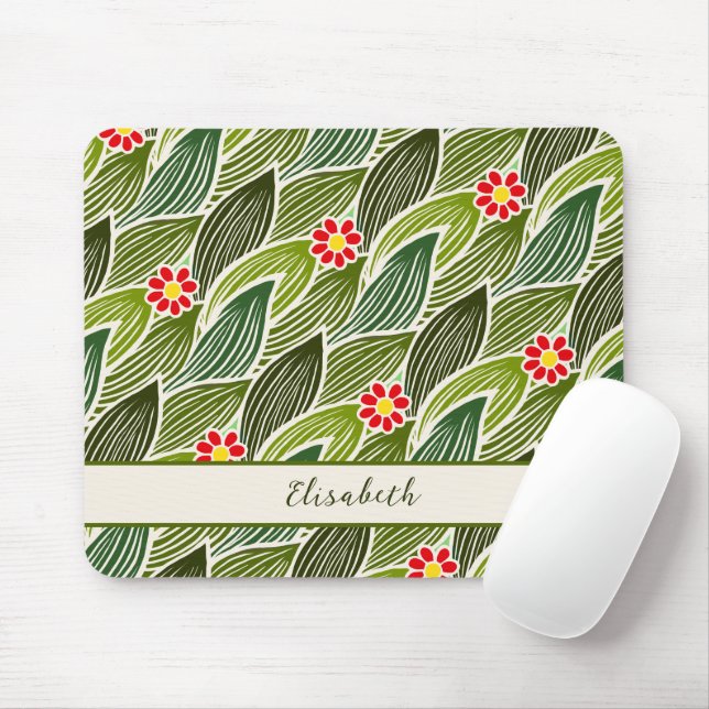 Mousepad Padrão Floral de Margarida Verde Vermelha-Cute Gro (Com mouse)