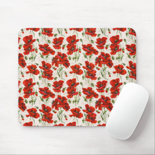 Mousepad Padrão Floral de Papoula Vermelha Vintage Arte Bot