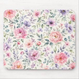 Mousepad Padrão Floral de Peônias e Lavanda em Aquarela