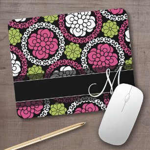 Mousepad Padrão Floral de Tendência, Rosa Quente e Monogr