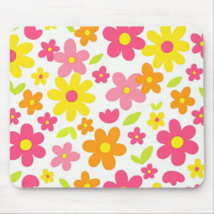 Mousepad Padrão Floral de Verão Brilhante Rosa e Amarelo Re