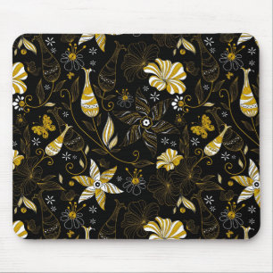 Mousepad Padrão floral dourado preto vintage fofo