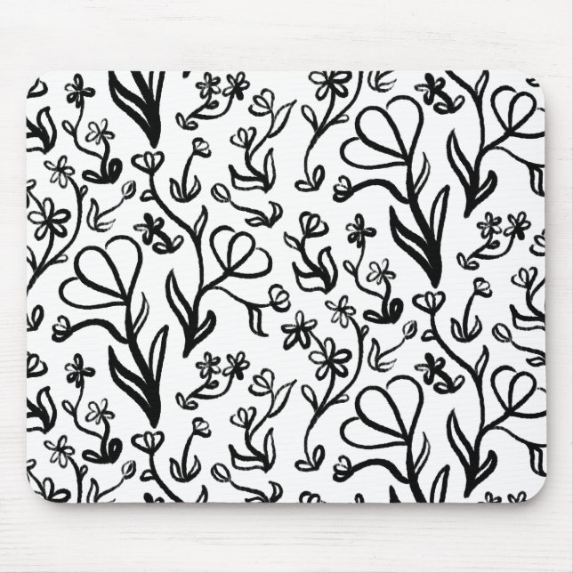Mousepad Padrão Floral em Preto e Branco (Frente)