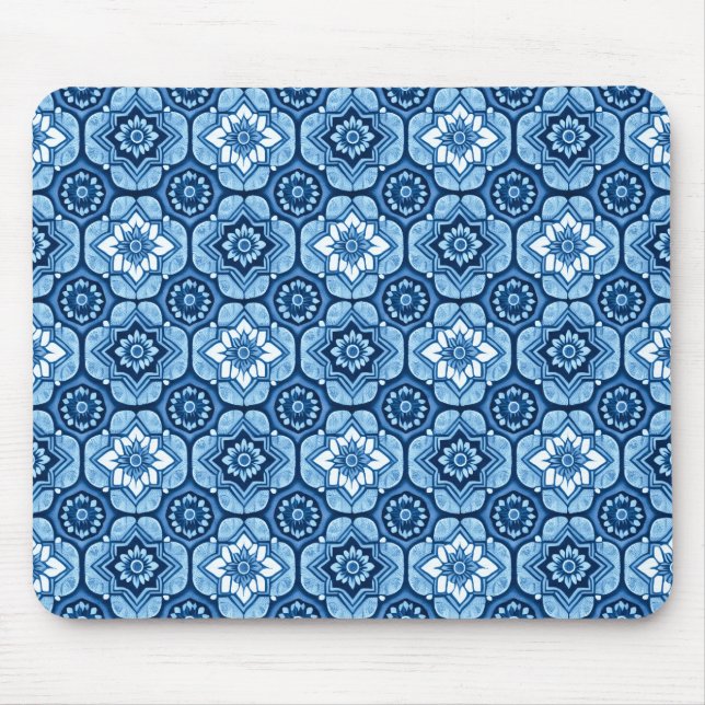 Mousepad Padrão Floral Geométrico Azul Elegante (Frente)