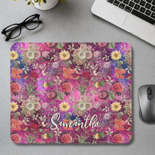 Mousepad Padrão floral monograma de flores roxas cor-de-ros