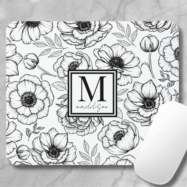 Mousepad Padrão Floral Monograma Feminino Personalizado (Personalized Feminine Floral Pattern Mouse Pad)
