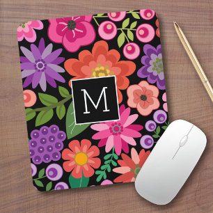 Mousepad Padrão Floral Preto Trendy com Monograma Personal